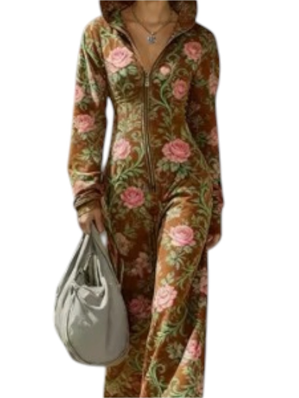Scacto Brown w/Pink Roses Fitted LS Zip Dropped Waist Wide Leg Jumpsuit Hood XL